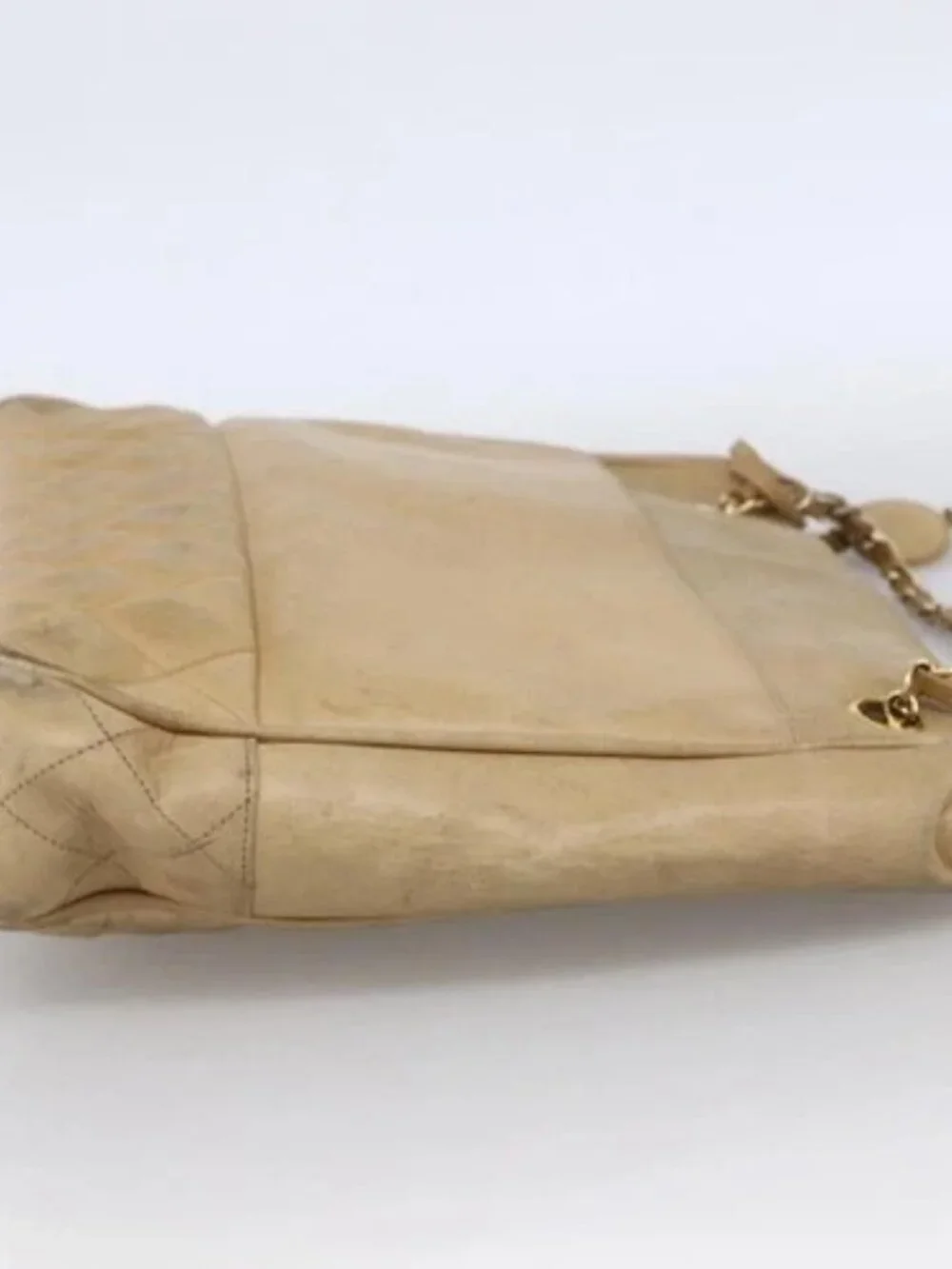 CHANEL Matelasse Chain Shoulder Bag Lamb Skin Beige Gold CC Auth 172997